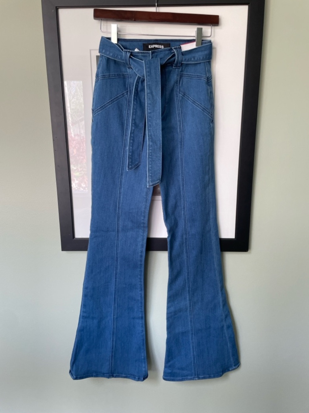 NWT- Express High-Rise Flare Tie-Waist Flare Jeans - Blue- Size 2R